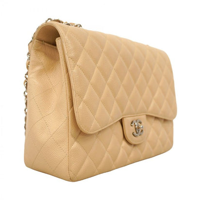 Chanel Shoulder Bag Deca Matelasse Caviar Skin Beige Silver Hardware Women