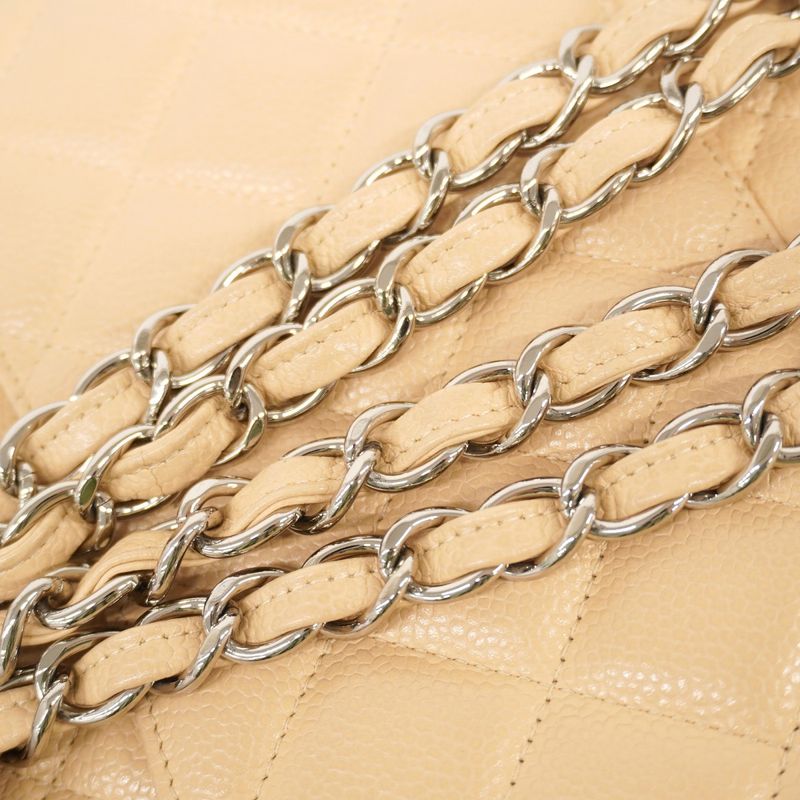 Chanel Shoulder Bag Deca Matelasse Caviar Skin Beige Silver Hardware Women