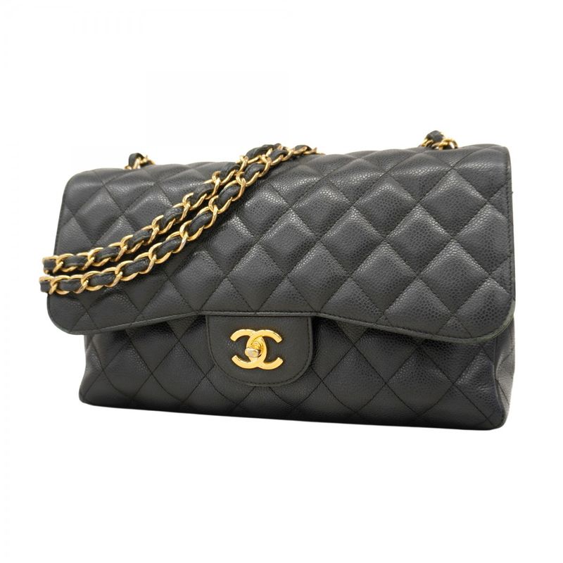 Chanel Shoulder Bag Deca Matelasse Caviar Skin Black Gold Hardware Women