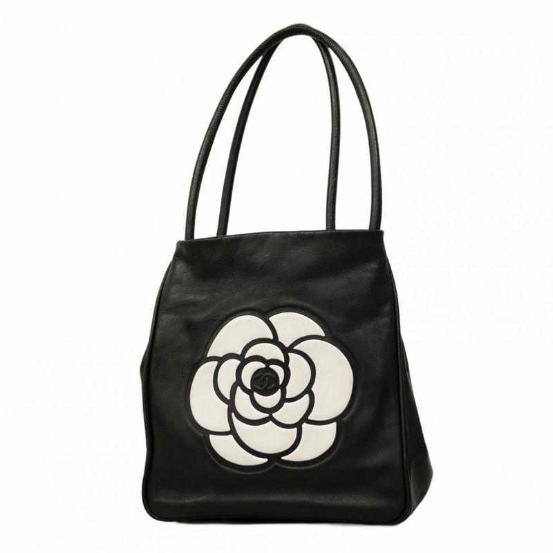 Chanel Shoulder Bag Camellia Leather Black Chien Pan Gold Hardware Women