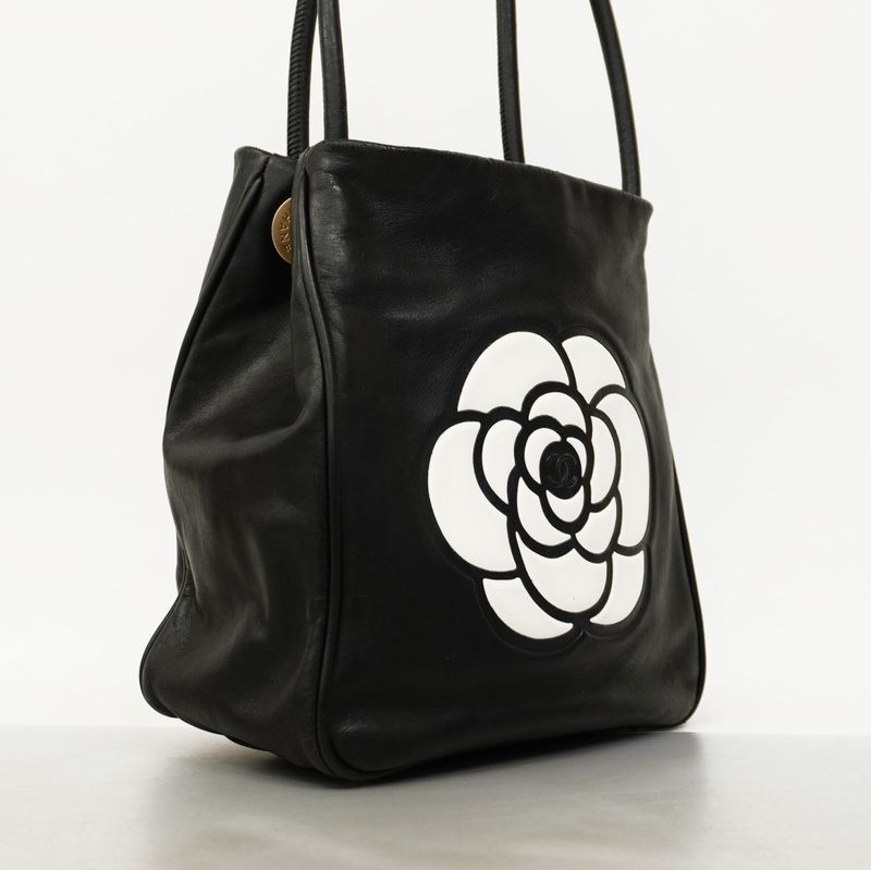 Chanel Shoulder Bag Camellia Leather Black Chien Pan Gold Hardware Women