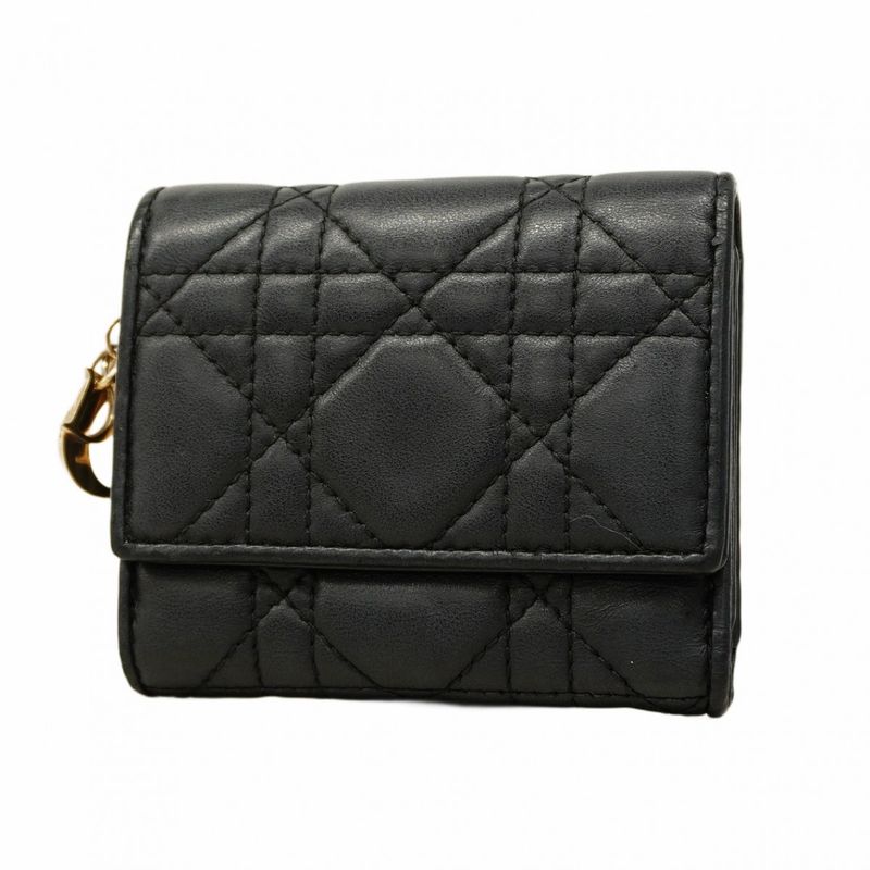 Christian Dior Trifold Wallet Canage Leather Black Gold Hardware Women