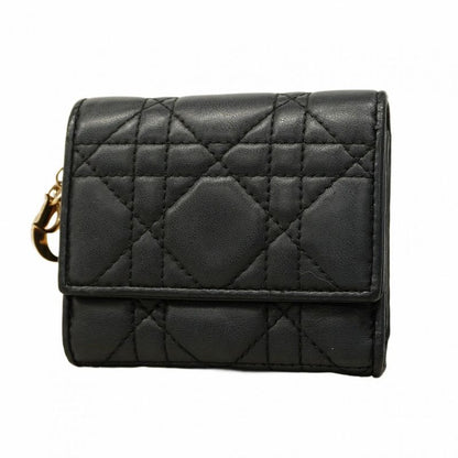 Christian Dior Trifold Wallet Canage Leather Black Gold Hardware Women