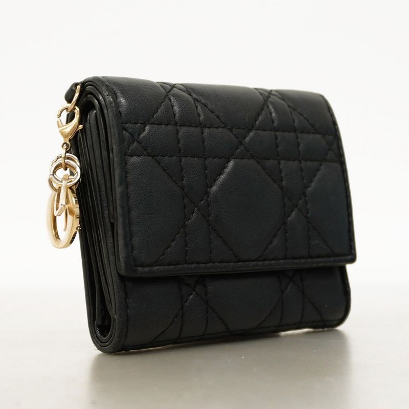 Christian Dior Trifold Wallet Canage Leather Black Gold Hardware Women