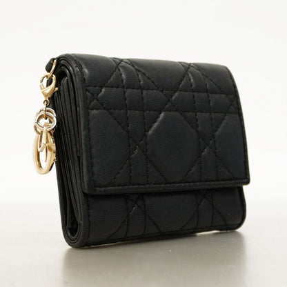 Christian Dior Trifold Wallet Canage Leather Black Gold Hardware Women