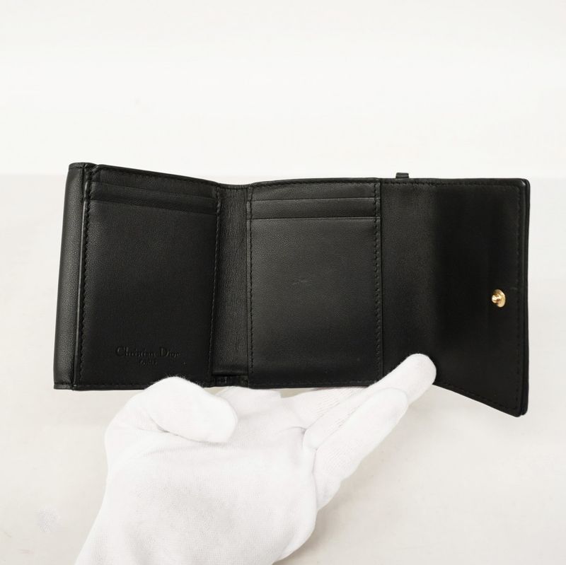 Christian Dior Trifold Wallet Canage Leather Black Gold Hardware Women