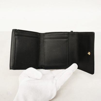 Christian Dior Trifold Wallet Canage Leather Black Gold Hardware Women