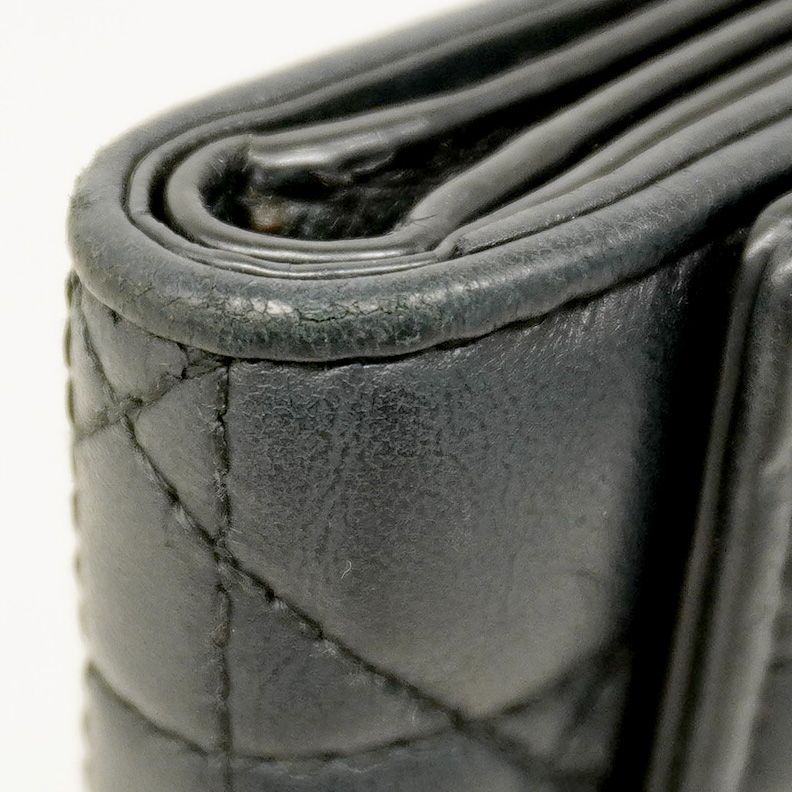 Christian Dior Trifold Wallet Canage Leather Black Gold Hardware Women