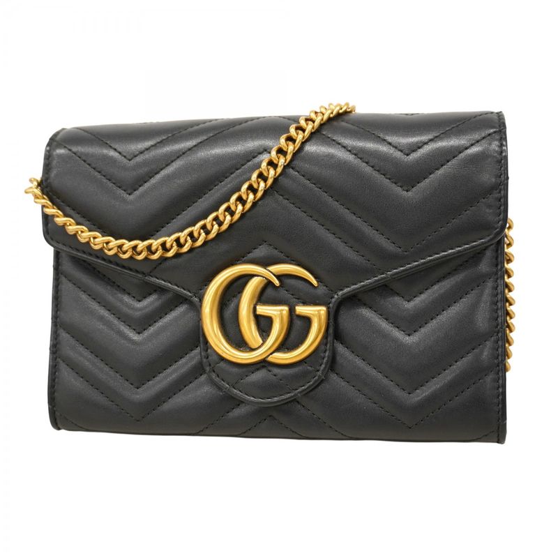 Gucci Shoulder Bag GG Marmont 474575 Leather Black Gold Hardware Women