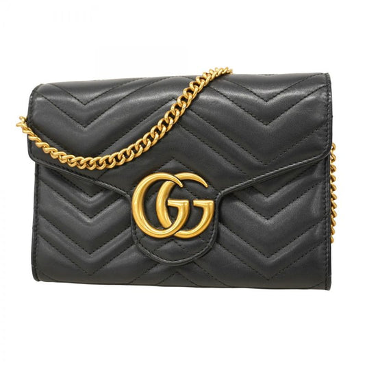 Gucci Shoulder Bag GG Marmont 474575 Leather Black Gold Hardware Women