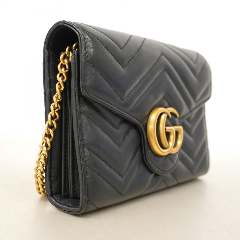 Gucci Shoulder Bag GG Marmont 474575 Leather Black Gold Hardware Women