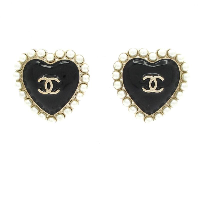 Chanel Earrings - Black X Ivory X Gold Heart