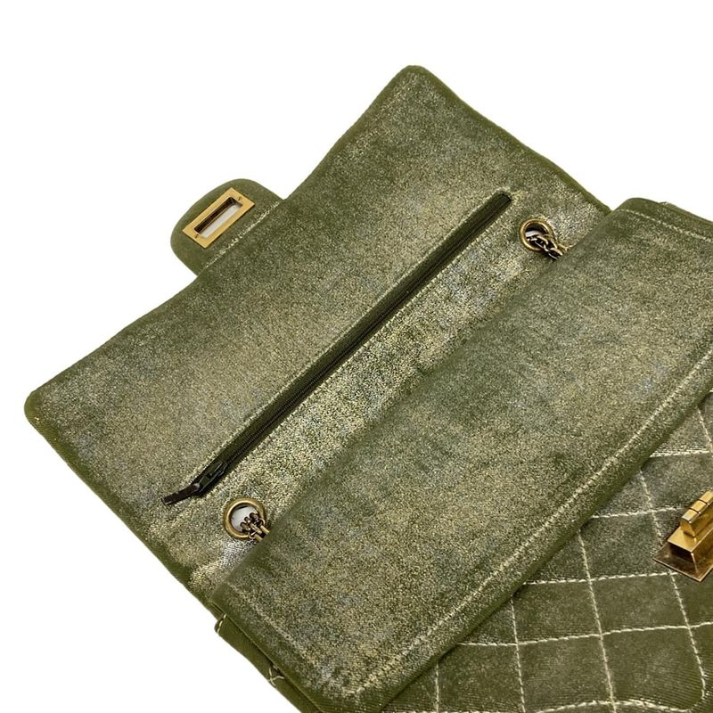 Chanel Shoulder Bag Deka Matelasse /255 Green Double Flap / Mademoiselle Chain