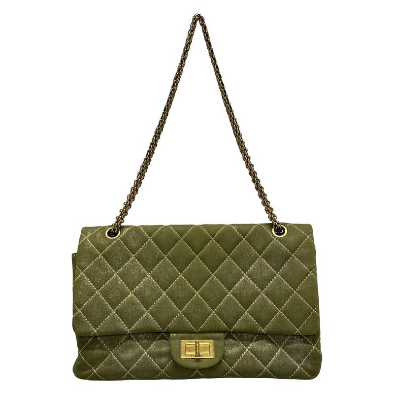 Chanel Shoulder Bag Deka Matelasse /255 Green Double Flap / Mademoiselle Chain