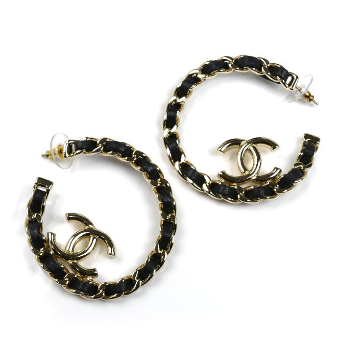 Chanel Leather Metal Coco Mark Hoop Earrings Ab7844 Ladies Pre-owned