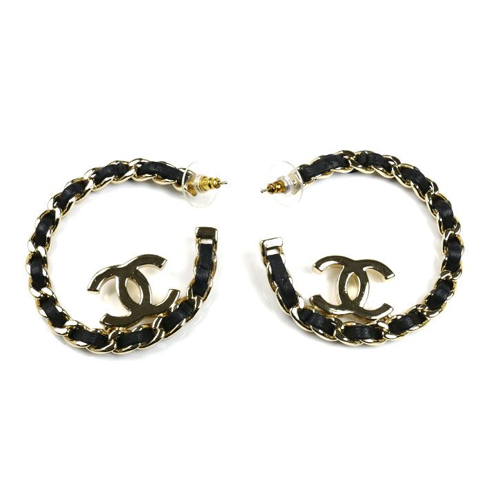 Chanel Leather Metal Coco Mark Hoop Earrings Ab7844 Ladies Pre-owned