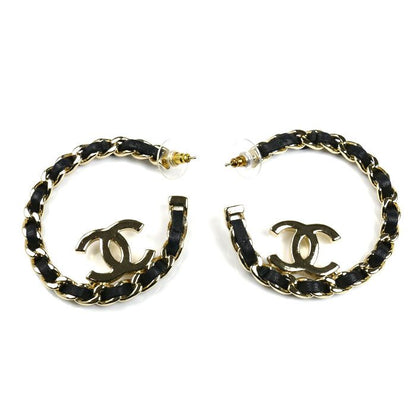 Chanel Leather Metal Coco Mark Hoop Earrings Ab7844 Ladies Pre-owned