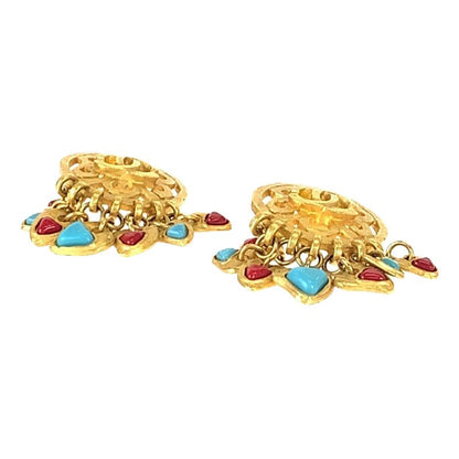 Chanel Vintage Coco Mark Stone Gold Red Blue Plated Earrings Swing Earrings