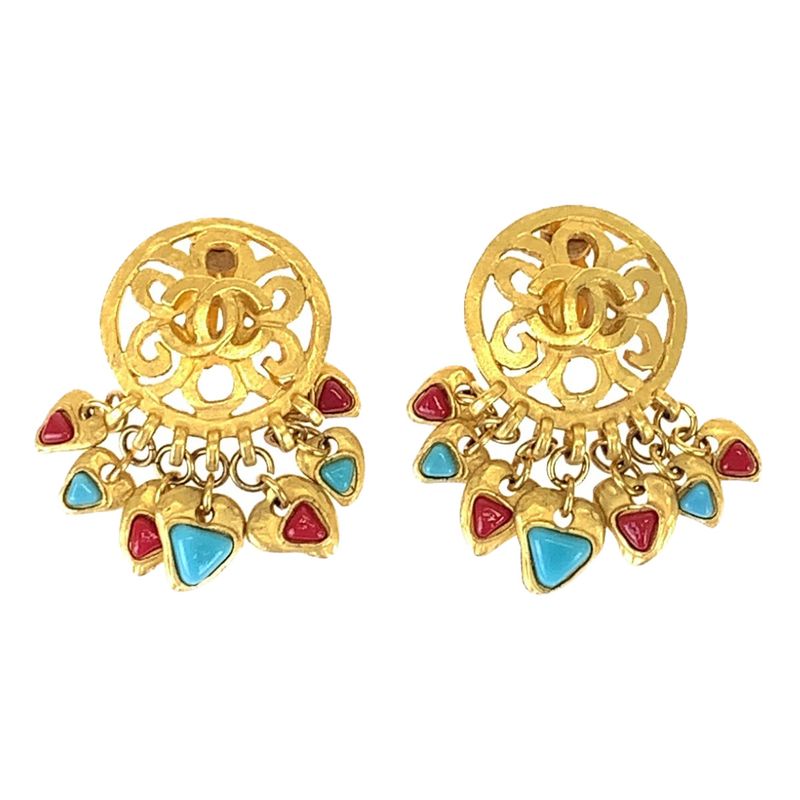 Chanel Vintage Coco Mark Stone Gold Red Blue Plated Earrings Swing Earrings