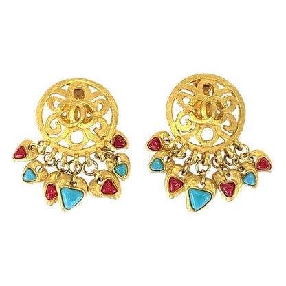 Chanel Vintage Coco Mark Stone Gold Red Blue Plated Earrings Swing Earrings