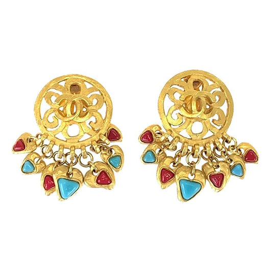 Chanel Vintage Coco Mark Stone Gold Red Blue Plated Earrings Swing Earrings