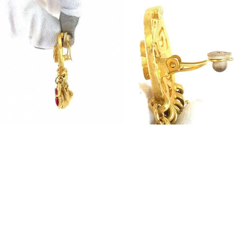 Chanel Vintage Coco Mark Stone Gold Red Blue Plated Earrings Swing Earrings