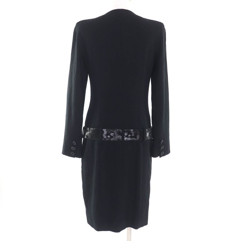 CHANEL 100% Silk Lined Long Sleeve Dress With BIG Coco Mark Buckle Belt Black