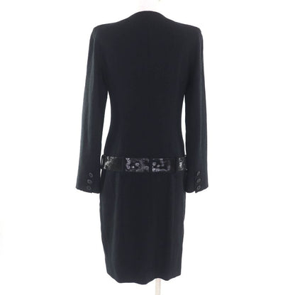 CHANEL 100% Silk Lined Long Sleeve Dress With BIG Coco Mark Buckle Belt Black