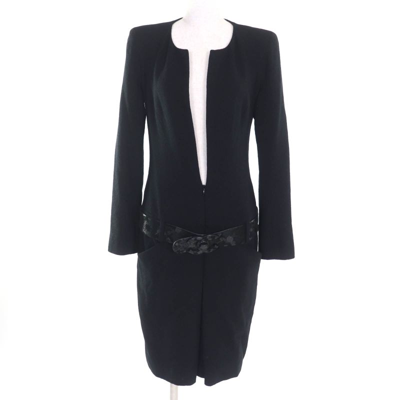 CHANEL 100% Silk Lined Long Sleeve Dress With BIG Coco Mark Buckle Belt Black