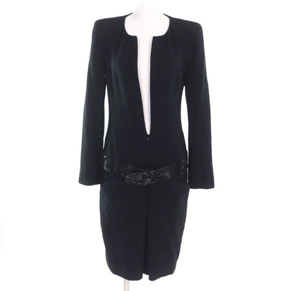 CHANEL 100% Silk Lined Long Sleeve Dress With BIG Coco Mark Buckle Belt Black