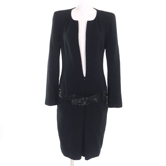 CHANEL 100% Silk Lined Long Sleeve Dress With BIG Coco Mark Buckle Belt Black