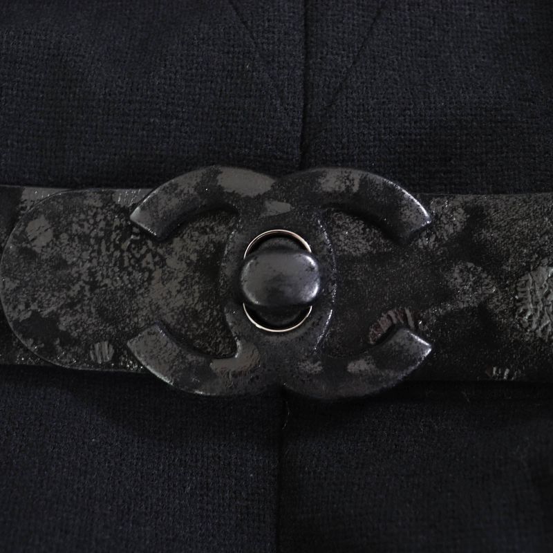 CHANEL 100% Silk Lined Long Sleeve Dress With BIG Coco Mark Buckle Belt Black