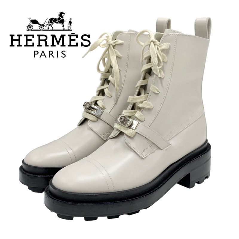 Hermes Funk Boots Short Boots Shoes Leather Beige Kelly Hardware Lace-up