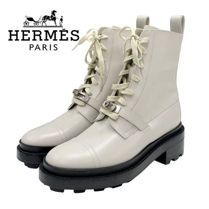 Hermes Funk Boots Short Boots Shoes Leather Beige Kelly Hardware Lace-up
