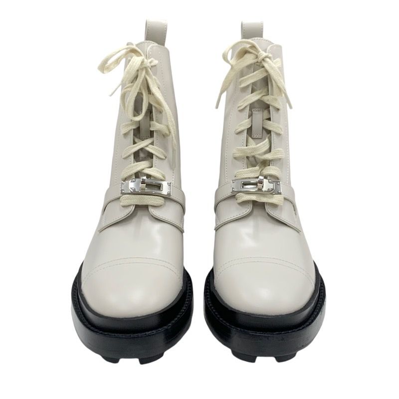 Hermes Funk Boots Short Boots Shoes Leather Beige Kelly Hardware Lace-up
