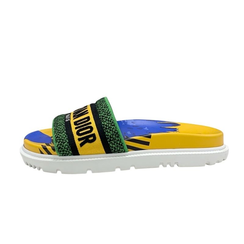 Christian DIOR DWAY Sandals Shoes Fabric Yellow Blue Green Embroidery Logo Mule