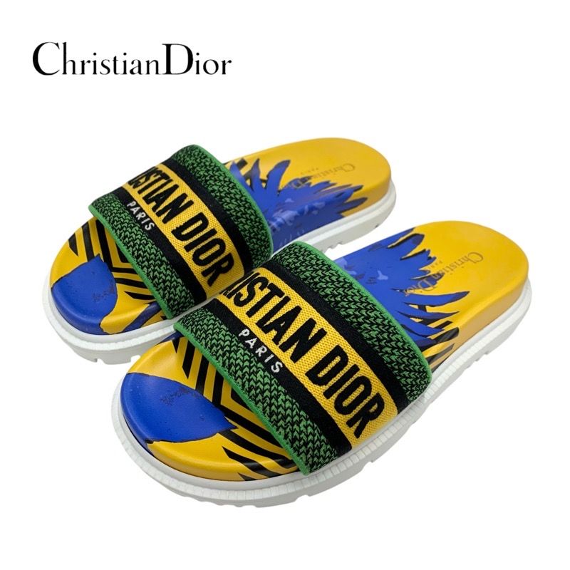 Christian DIOR DWAY Sandals Shoes Fabric Yellow Blue Green Embroidery Logo Mule