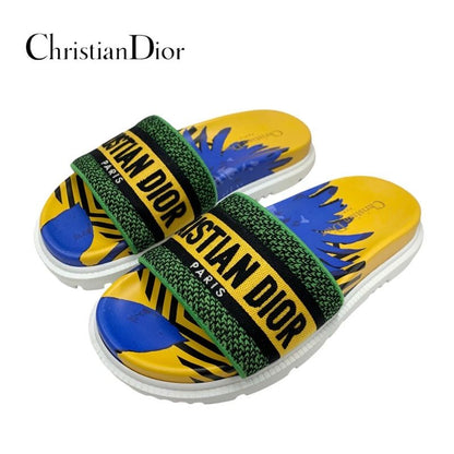 Christian DIOR DWAY Sandals Shoes Fabric Yellow Blue Green Embroidery Logo Mule
