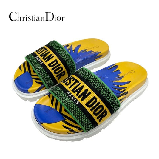 Christian DIOR DWAY Sandals Shoes Fabric Yellow Blue Green Embroidery Logo Mule