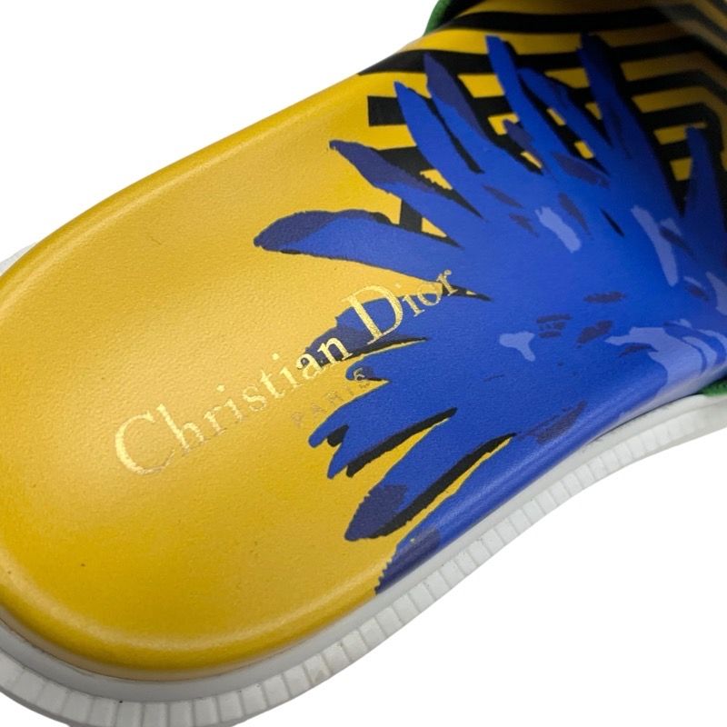 Christian DIOR DWAY Sandals Shoes Fabric Yellow Blue Green Embroidery Logo Mule