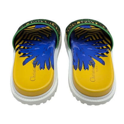 Christian DIOR DWAY Sandals Shoes Fabric Yellow Blue Green Embroidery Logo Mule
