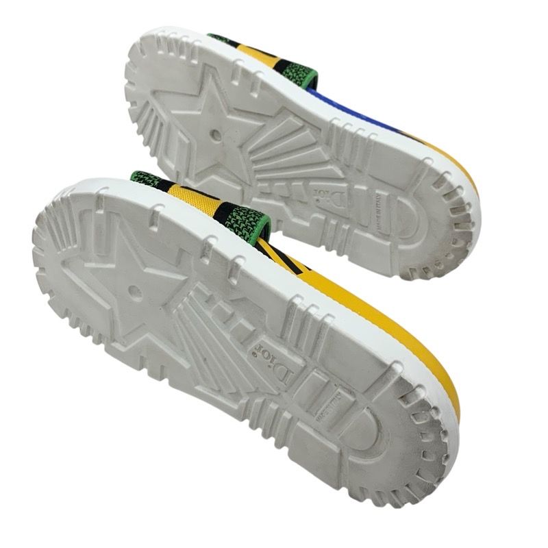 Christian DIOR DWAY Sandals Shoes Fabric Yellow Blue Green Embroidery Logo Mule