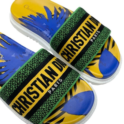 Christian DIOR DWAY Sandals Shoes Fabric Yellow Blue Green Embroidery Logo Mule