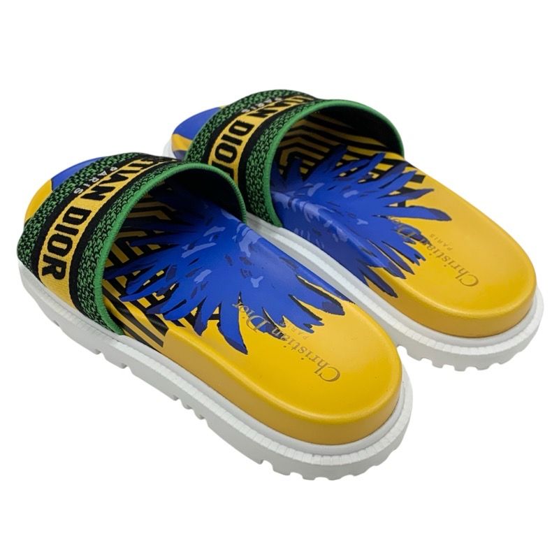 Christian DIOR DWAY Sandals Shoes Fabric Yellow Blue Green Embroidery Logo Mule