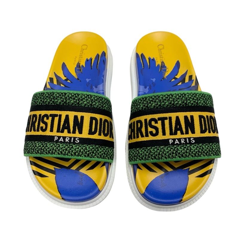 Christian DIOR DWAY Sandals Shoes Fabric Yellow Blue Green Embroidery Logo Mule