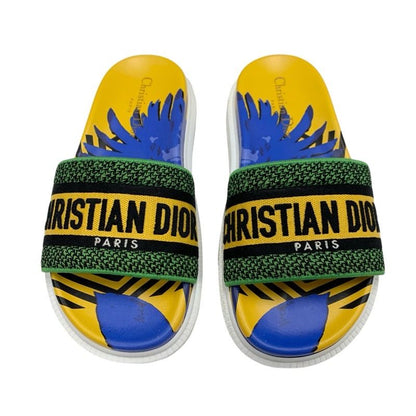 Christian DIOR DWAY Sandals Shoes Fabric Yellow Blue Green Embroidery Logo Mule