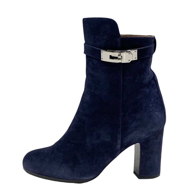 Hermes Boots Short Boots Shoes Suede Navy Silver Kelly Hardware