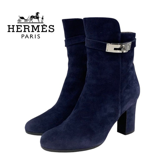 Hermes Boots Short Boots Shoes Suede Navy Silver Kelly Hardware