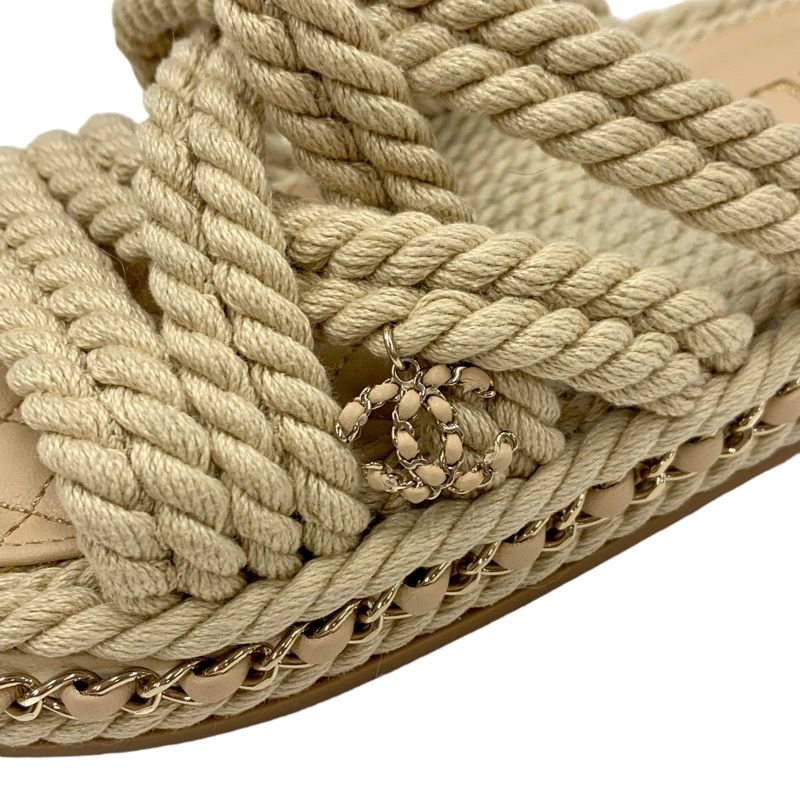 Chanel Sandals Shoes Fabric Leather Beige Here Mark Chain Cord