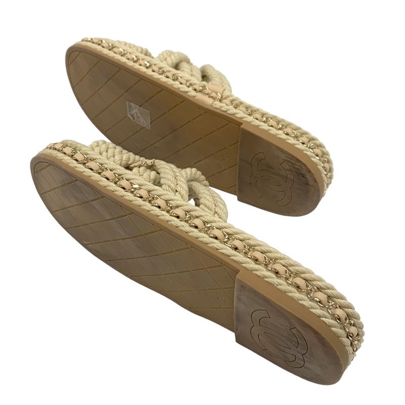 Chanel Sandals Shoes Fabric Leather Beige Here Mark Chain Cord